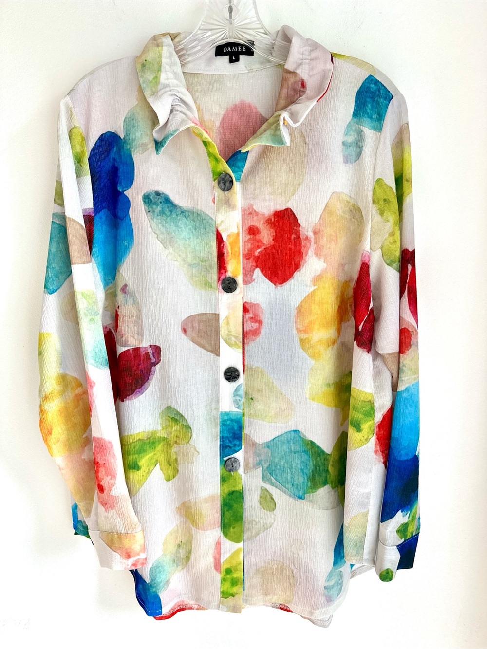 Damee Long Sleeve Button Multi Color Vibrant Watercolor Hued Blouse Size Large